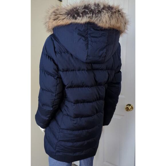 Women's Navy Puffer Coat with Faux Fur Hood - Picture 10 of 11